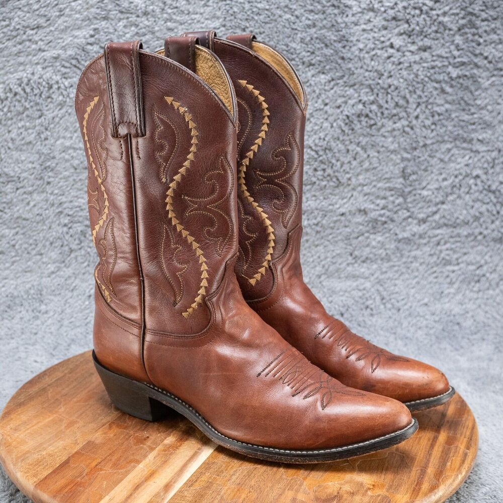 Justin Boots Brown Leather Western Cowboy Boots with Tan Stitching